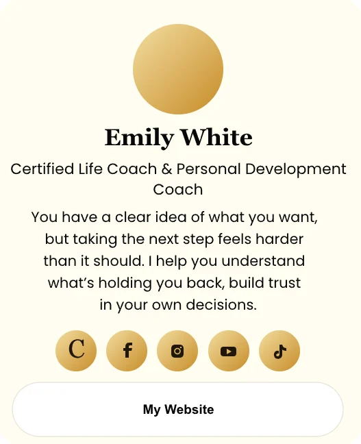 Coach link in bio page with photo, headline, social icons and a website button