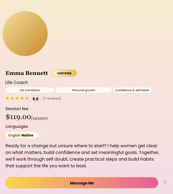 Coach profile page showing photo, specialty, session fee and reviews