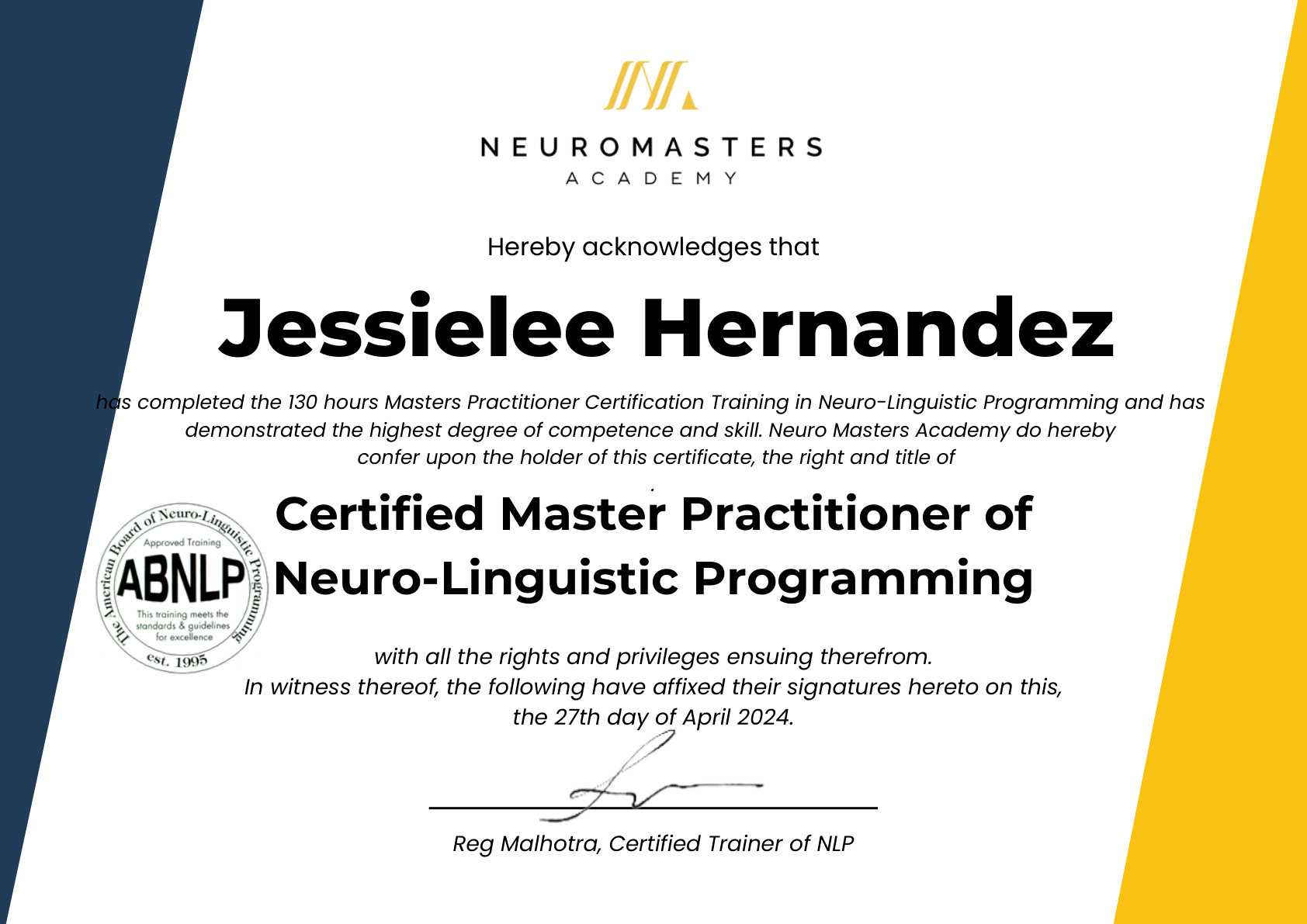 Certified Master Practitioner of NLP