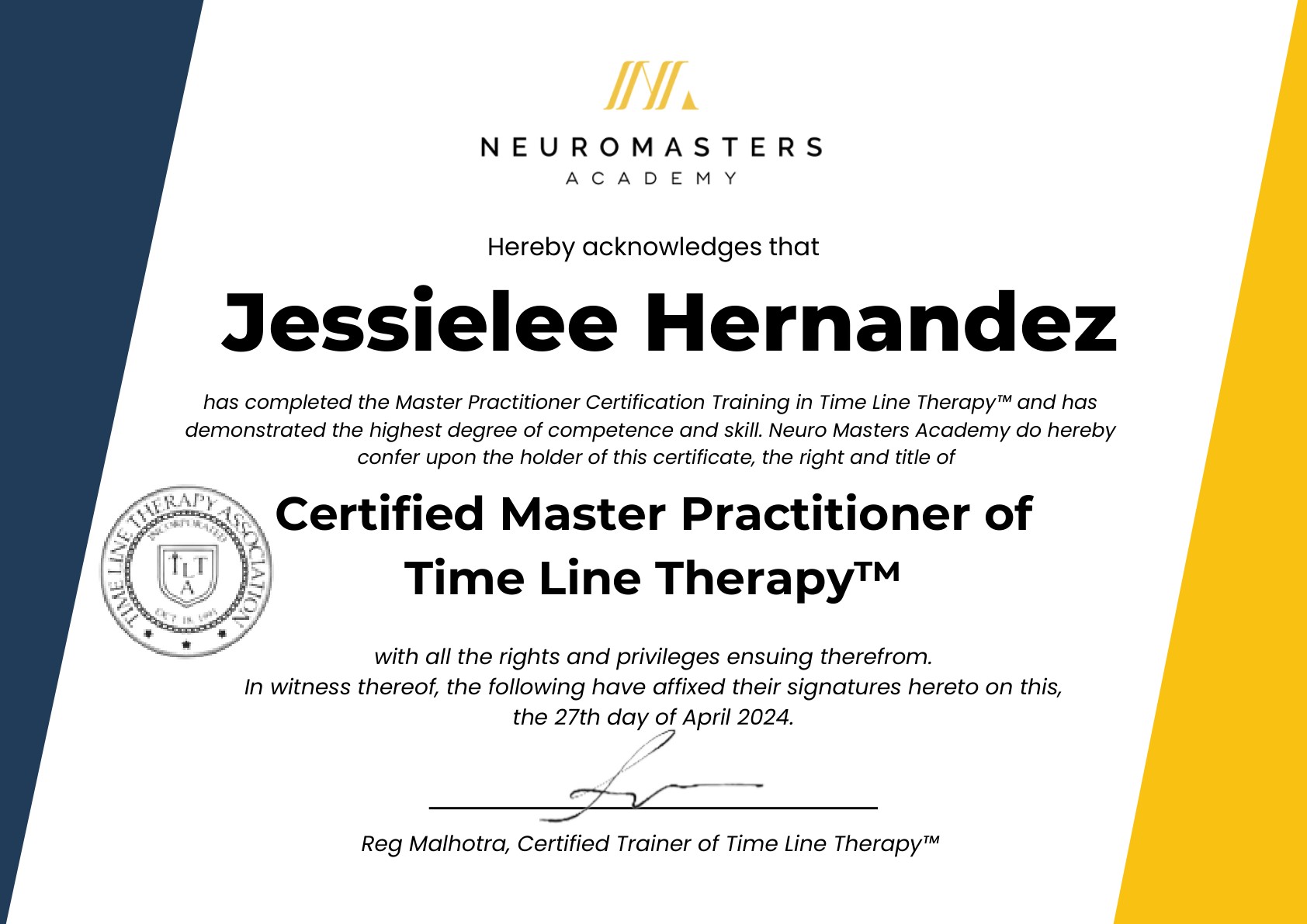 Certified Master Practitioner of Time Line Therapy